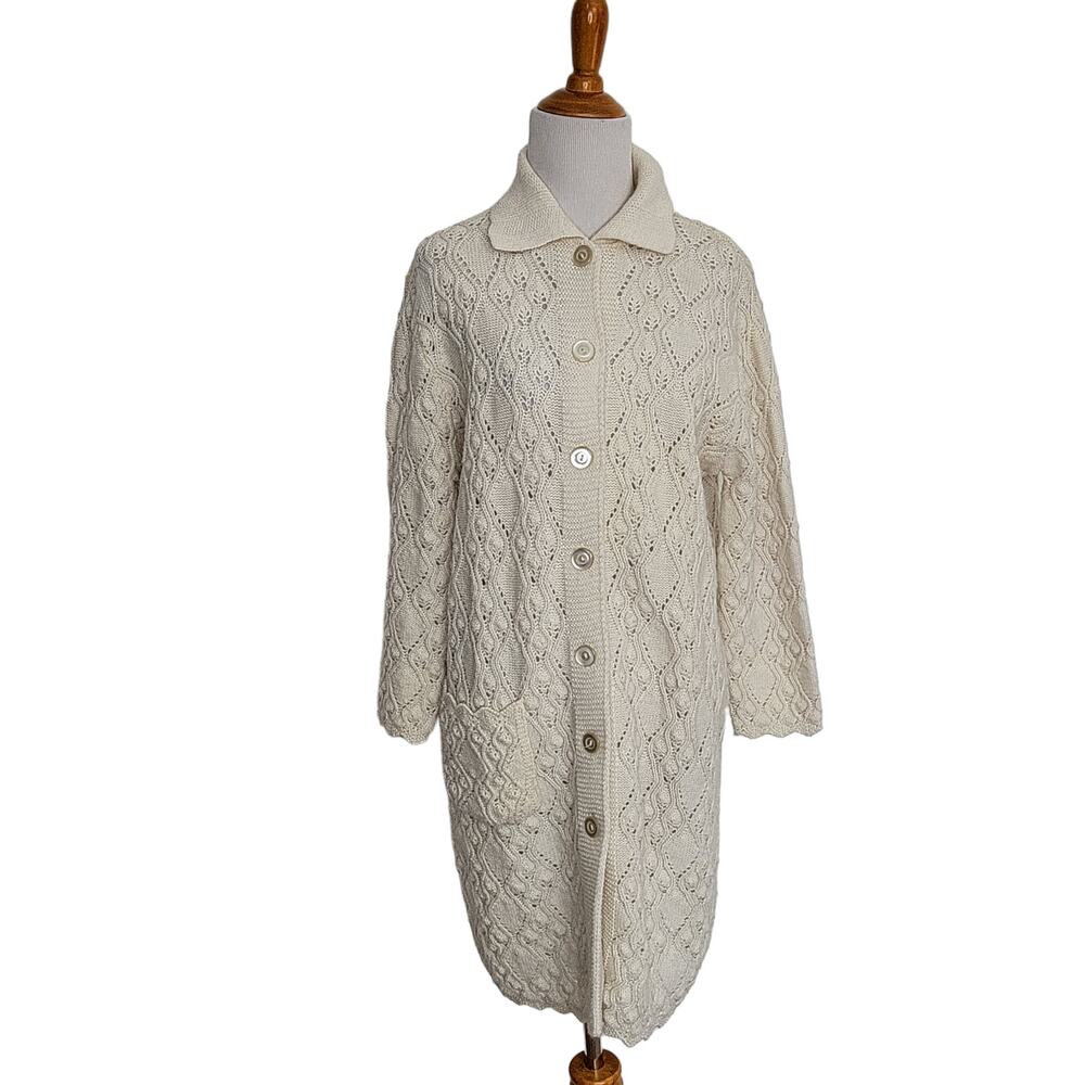 Vintage Cottage Cardigan  Ivory Cable Knit Cozy Longline Women Large
